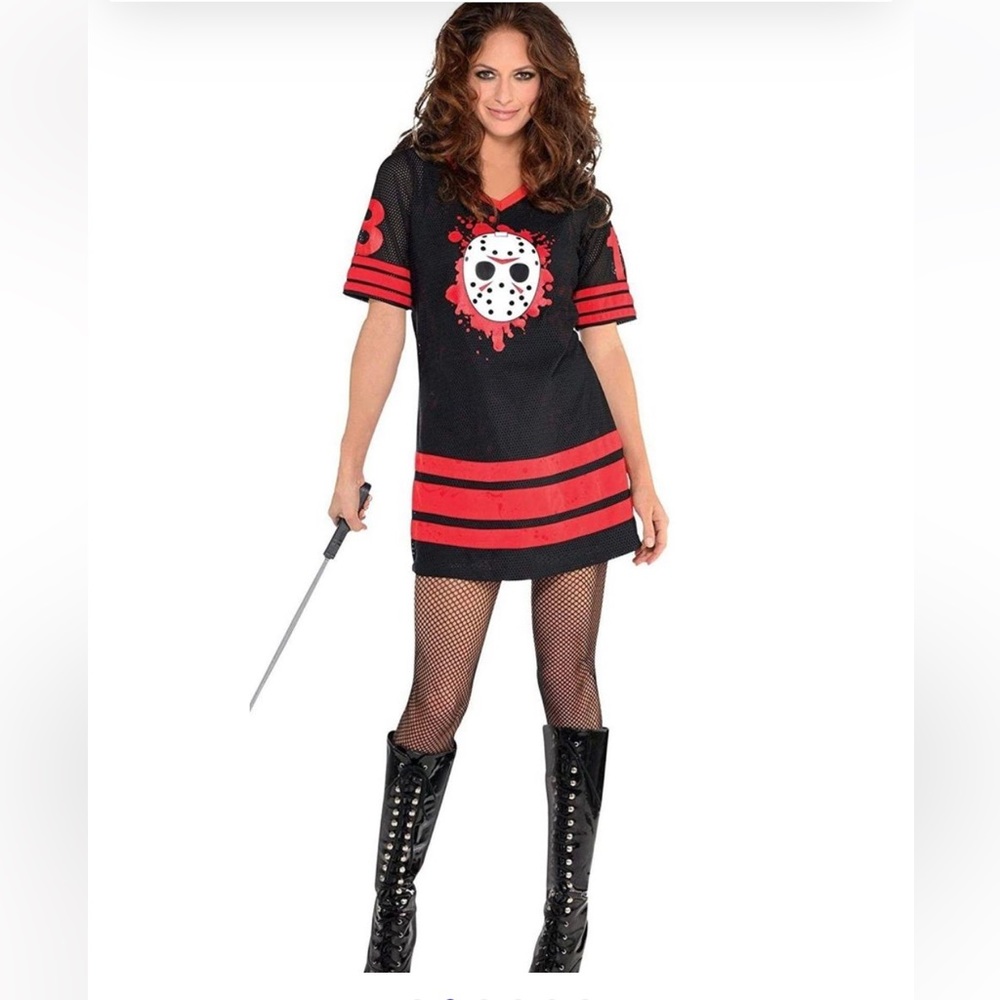 Spirit Halloween Jason Friday The 13th Dress with Machete, Jason Mask and tights